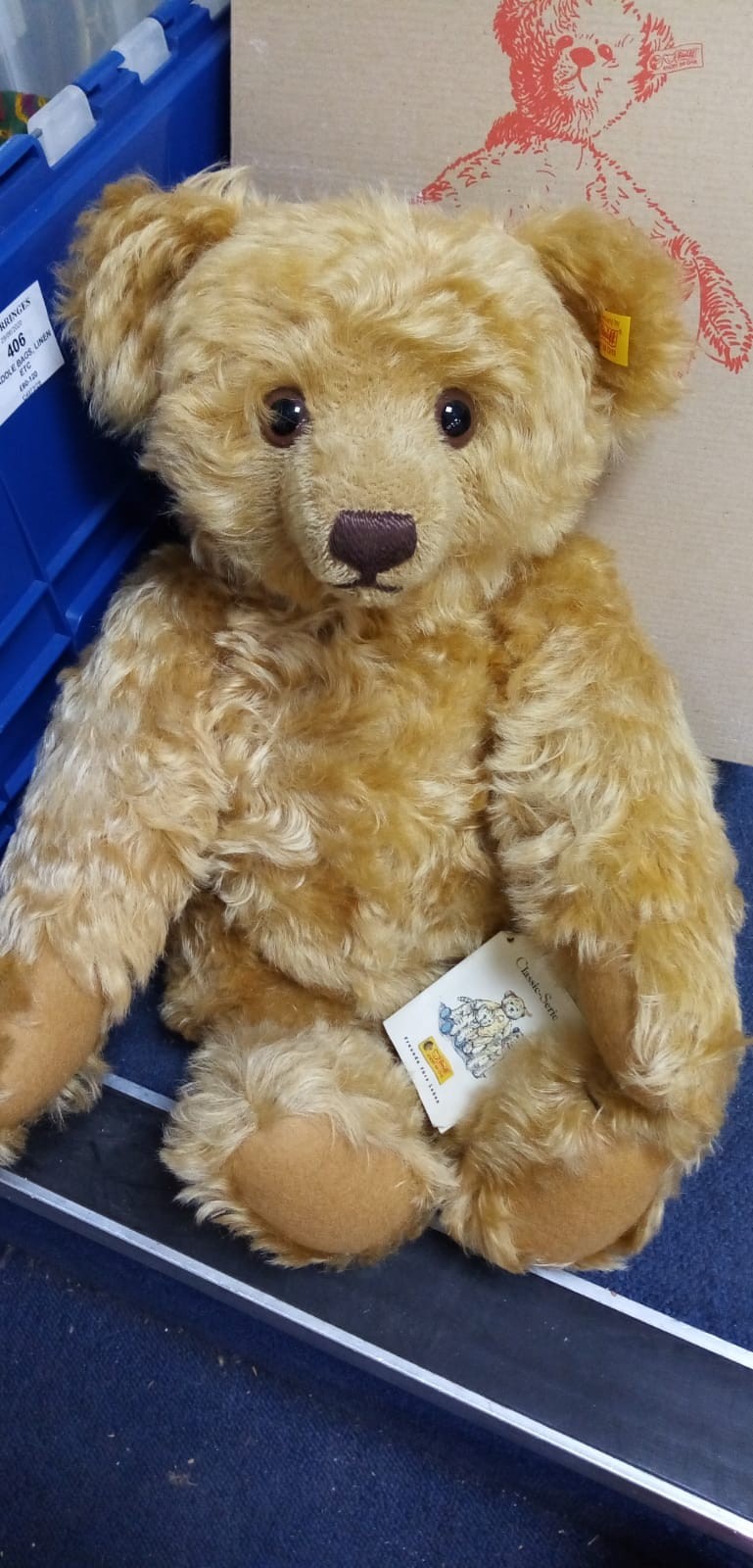 A Steiff teddy bear, yellow tag, boxed